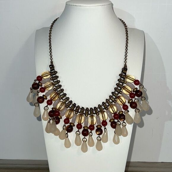 Liz Claiborne Tribal Beaded Necklace Gold Tone Fringe Bib Pink White Glass Bead - Picture 1 of 8